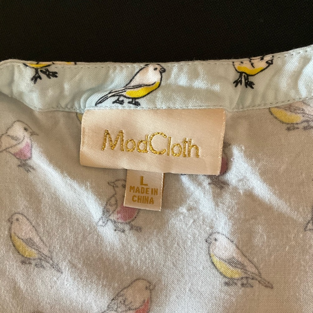 Modcloth Blue Bird Print Buttoned Mandarin Collar Blouse - Picture 6 of 9
